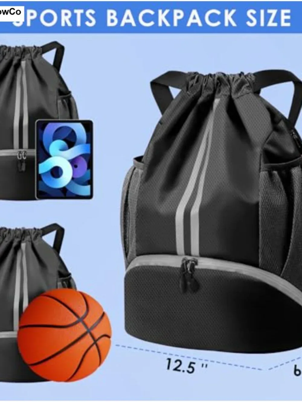 Waterproof Drawstring Soccer Bag Ball Shoe Compartment Sports Backpack